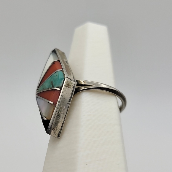 Native American Style Zuni? Beautiful Geometric Inlay Sterling Silver Ring - Picture 9 of 13